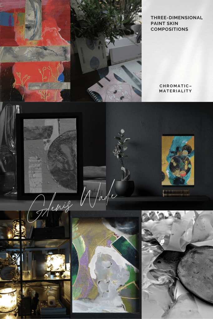 Collage of Glenis Wade’s chromatic–material paint‑skin artworks and studio elements.